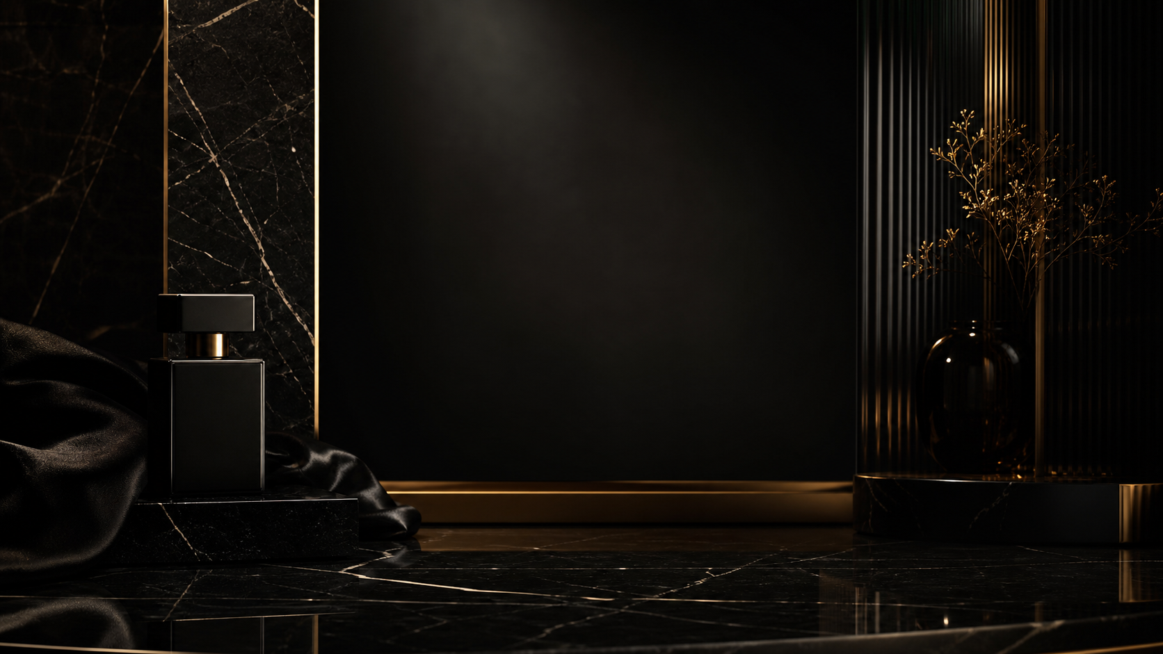 Black marble, silk, and gold luxury still life glimpsed through a vitrine