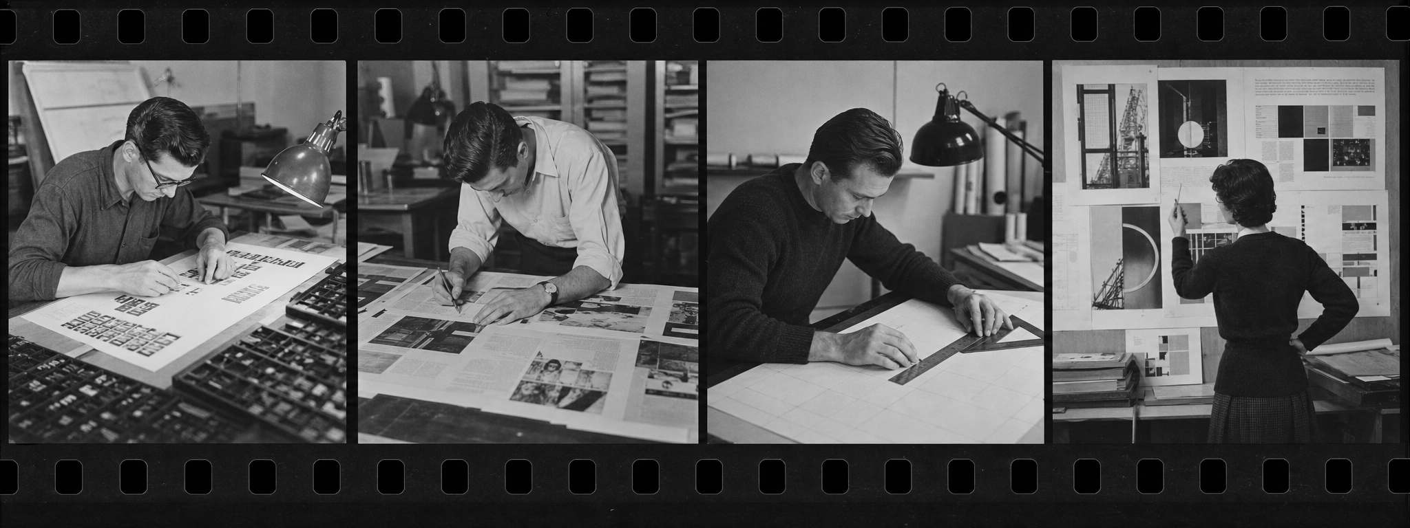 Film contact sheet with four frames of designers at work