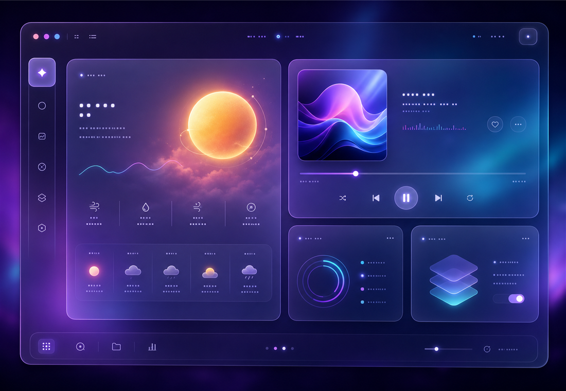 Fictional frosted-glass app interface