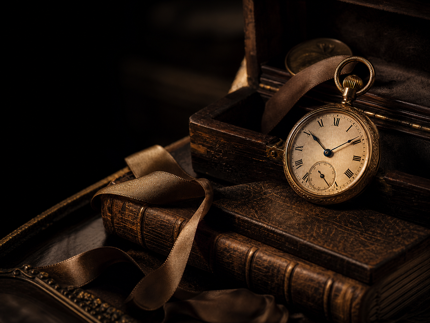 Antique pocket watch, ledger, and silk ribbon in archival light