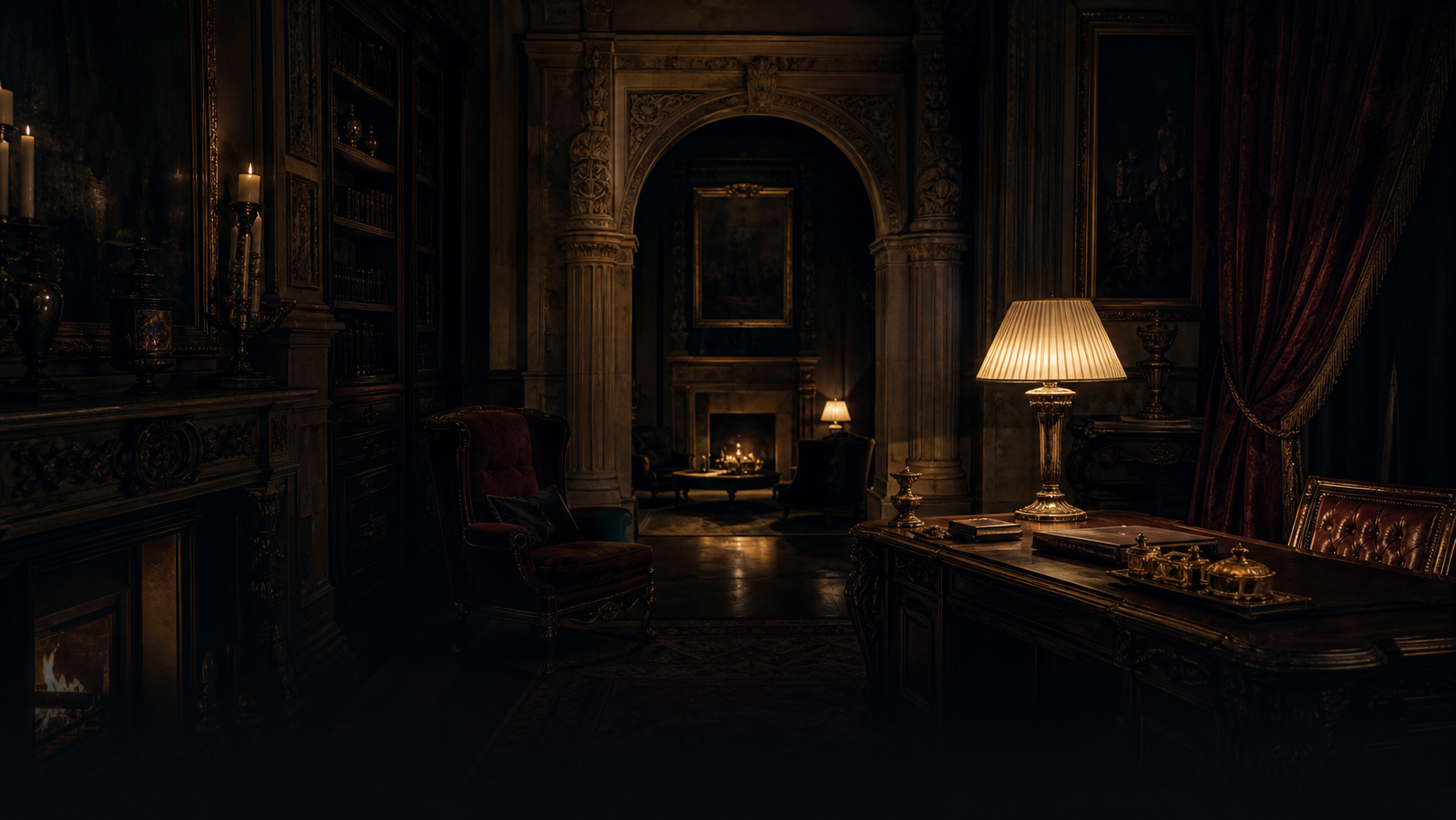 Grand heritage luxury interior lit by warm amber light
