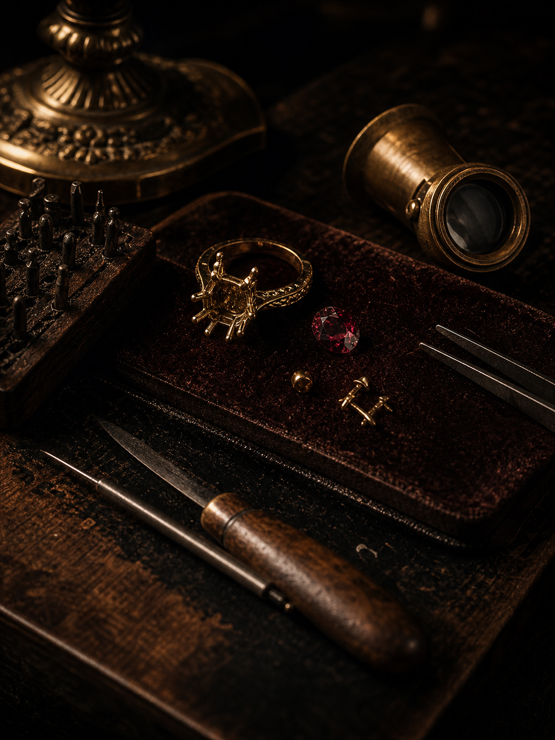 Gold jewelry setting and tools under warm archival light