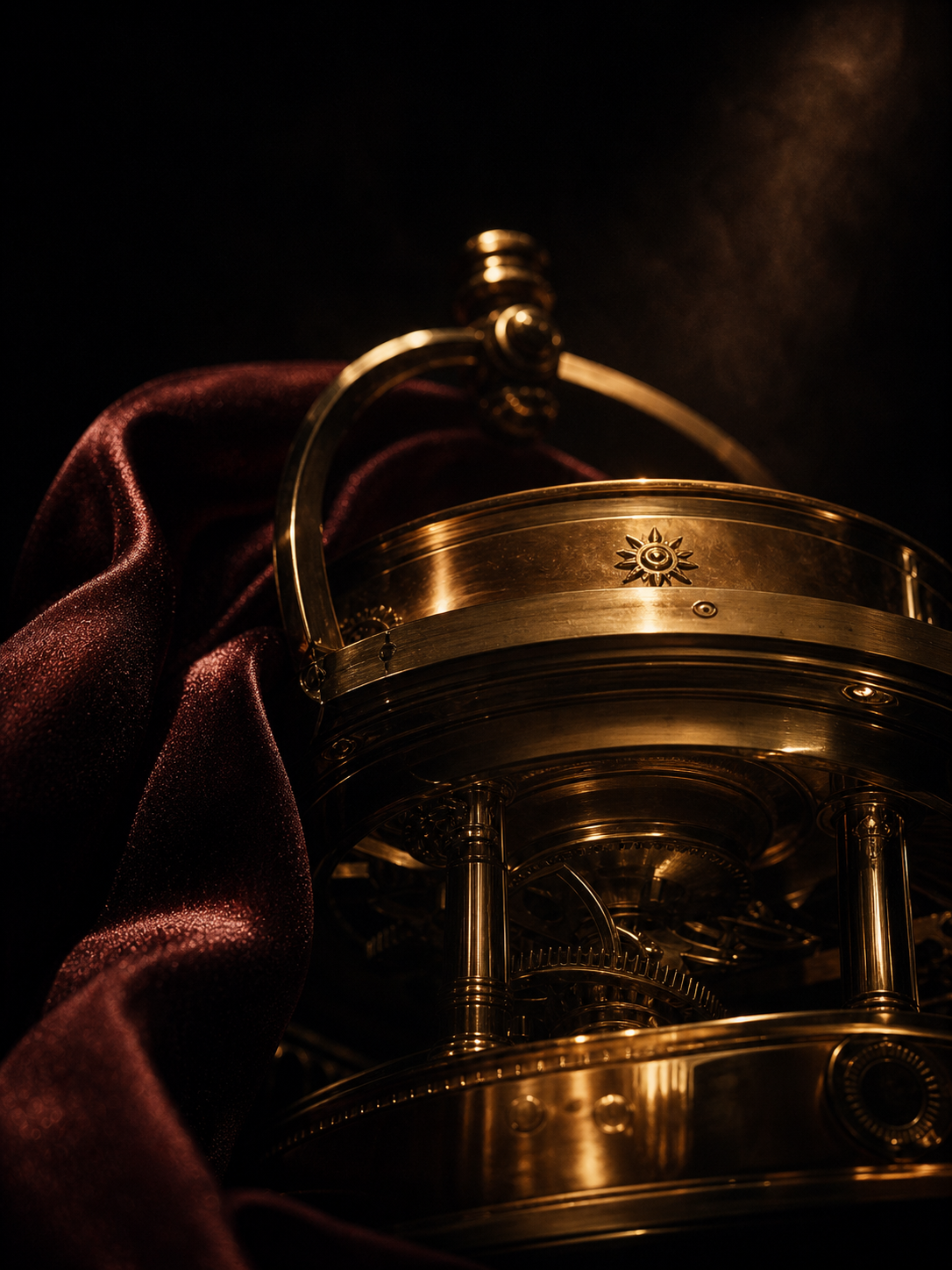 Cinematic gold crafted object emerging from darkness