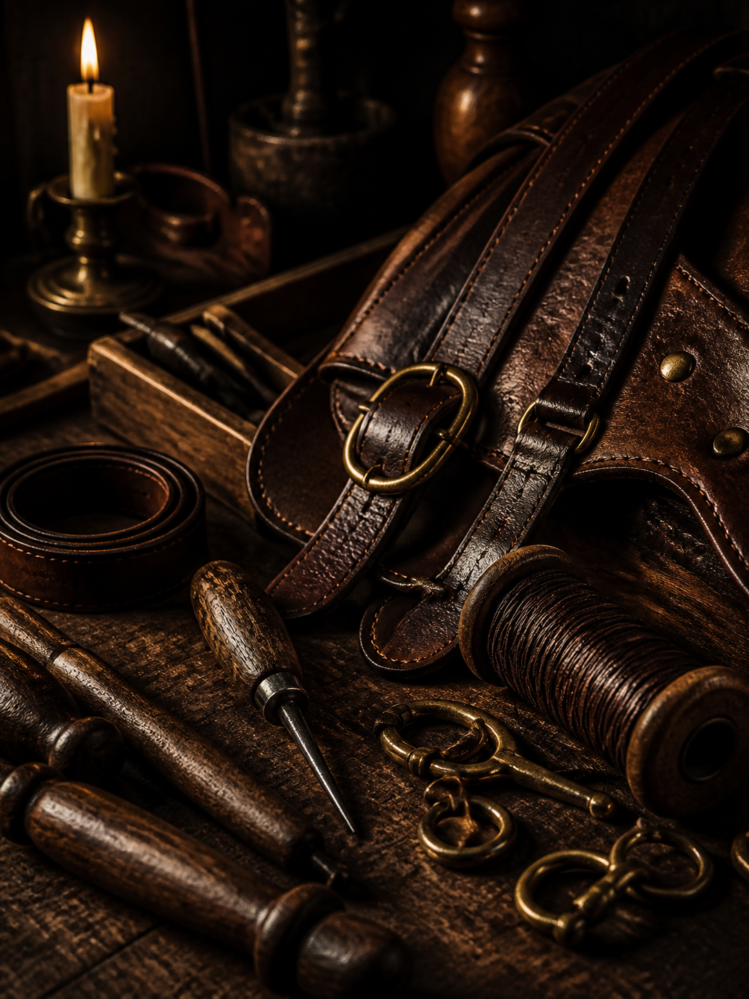 Leather saddlery tools in a dark nineteenth-century workshop