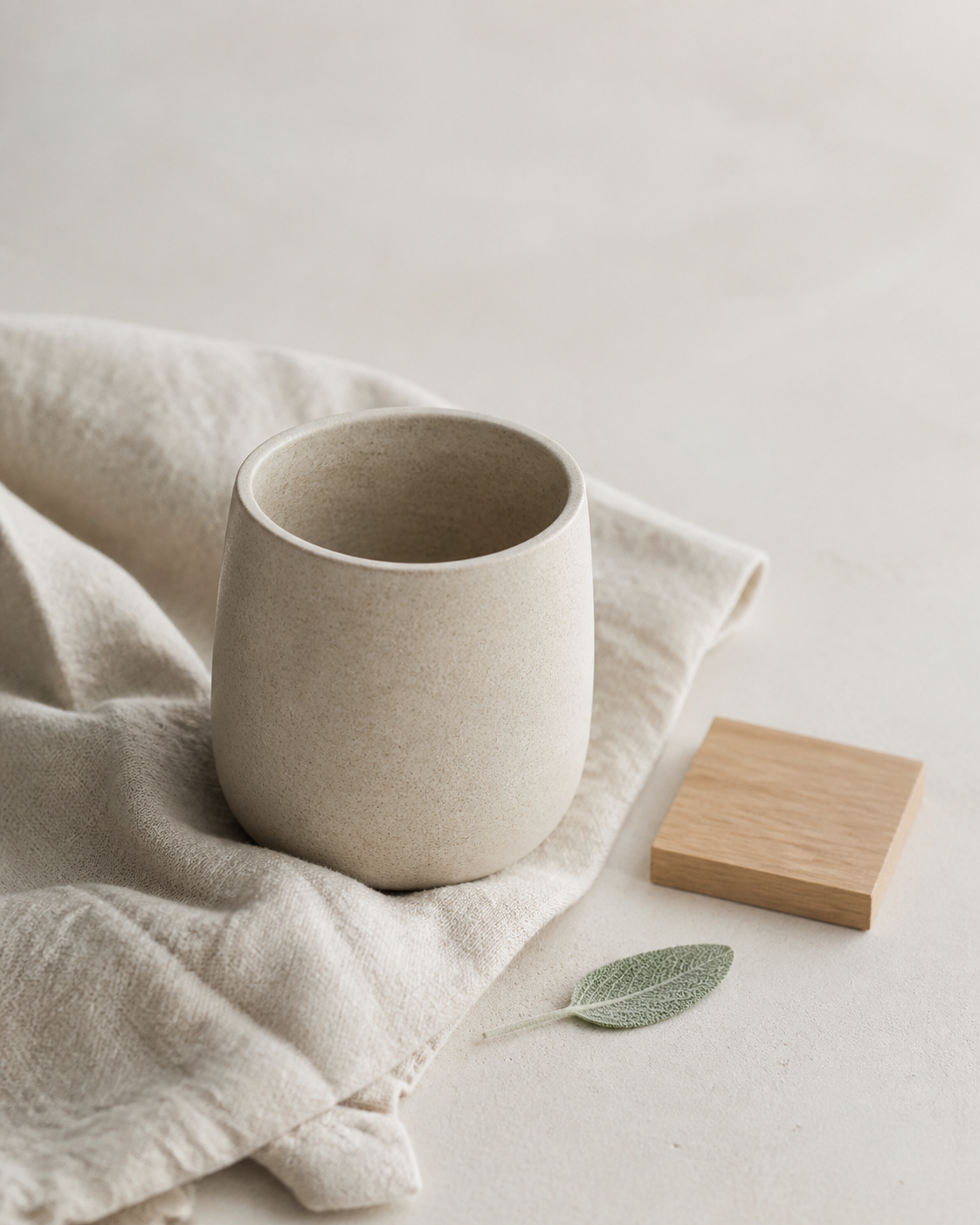 Still life: stoneware cup on washed linen in soft daylight